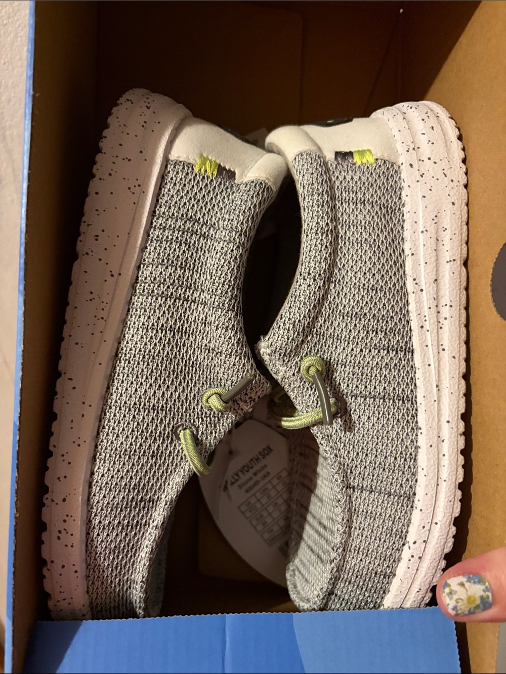 Kids Hey Dude Knit Slip-On Sneakers - Light Gray with Lime Accents